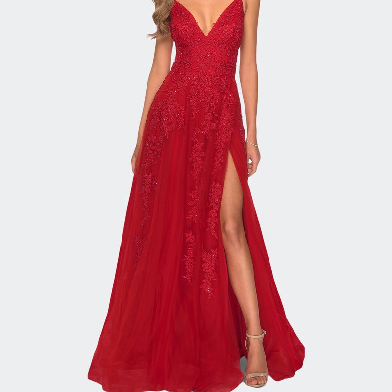 La Femme Tulle Prom Dress With Floral Detail And Side Slit In Red