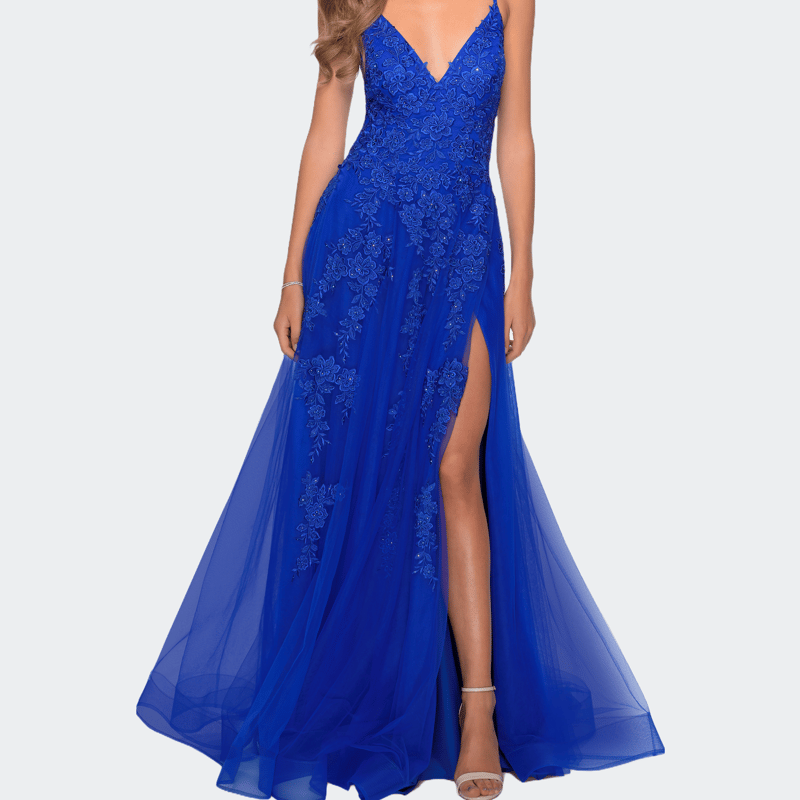 La Femme Tulle Prom Dress With Floral Detail And Side Slit In Blue