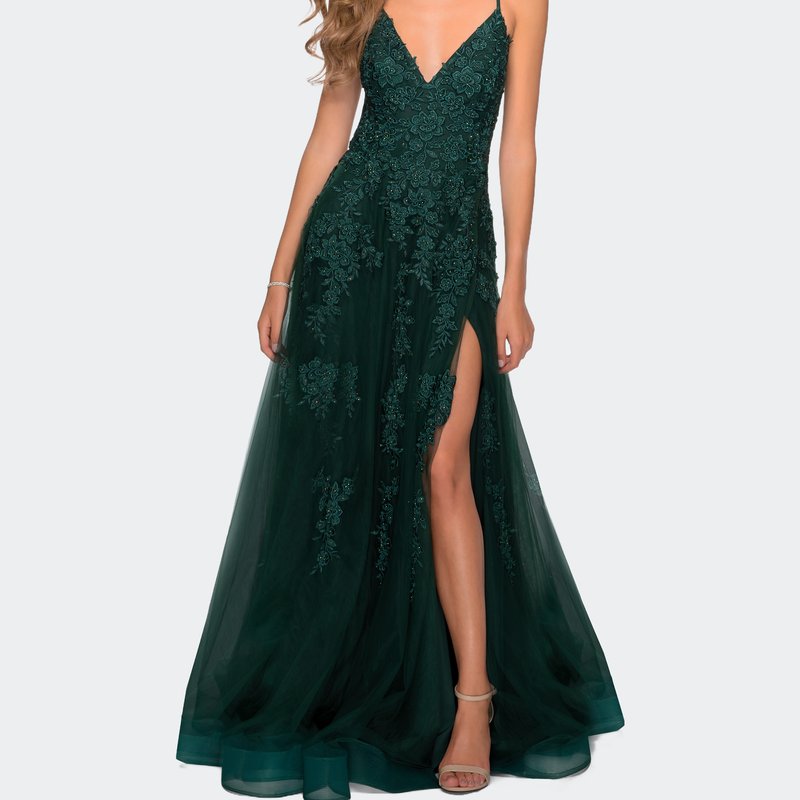 La Femme Tulle Prom Dress With Floral Detail And Side Slit In Green