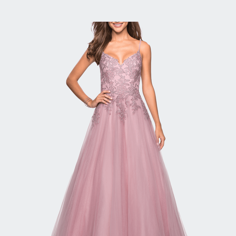 La Femme Tulle Prom Gown With Floral Lace Embellishments In Pink