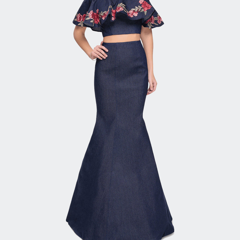 La Femme Two Piece Denim Dress With Floral And Ruffle Detail In Blue