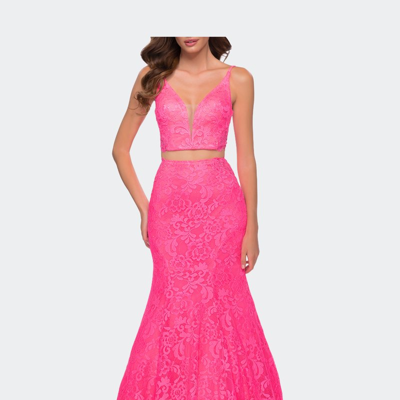La Femme Sheer Jeweled Bodice Mermaid Lace Dress In Pink
