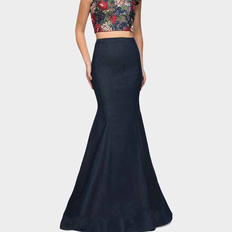 La Femme Two Piece Mermaid Prom Dress With Denim Skirt In Blue