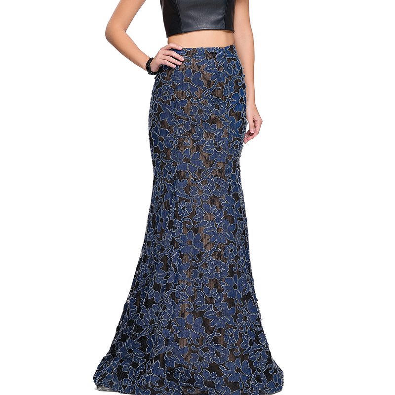 La Femme Two Piece Mermaid Prom Dress With Vegan Leather Top In Blue