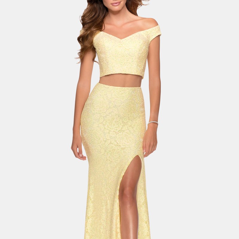 Shop La Femme Two Piece Off The Shoulder Sequin Lace Prom Dress In Yellow