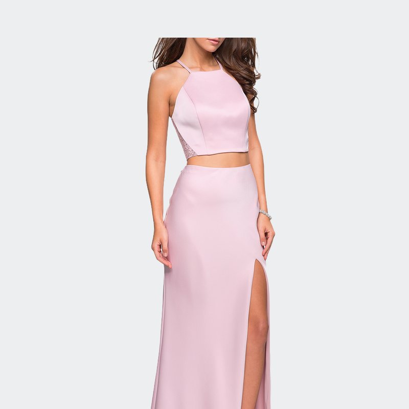 La Femme Two Piece Racer Back Prom Dress With Lace Detail In Pink