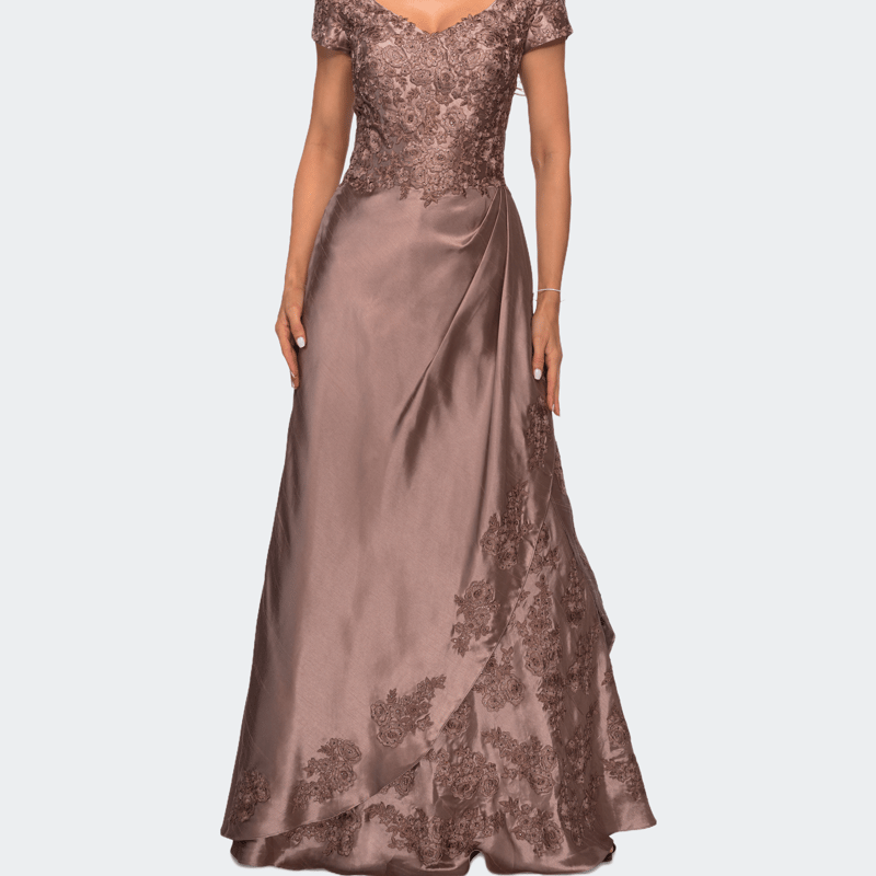 La Femme V-neck Jersey Floor Length Gown With Short Sleeves In Brown