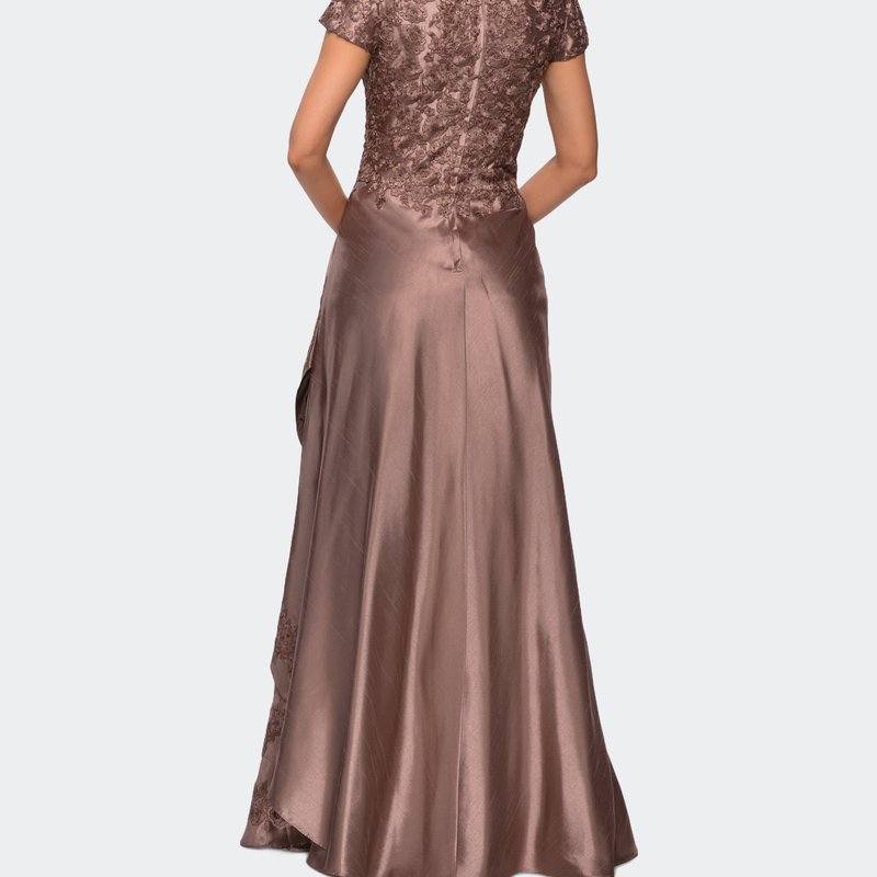 Shop La Femme V-neck Jersey Floor Length Gown With Short Sleeves In Brown