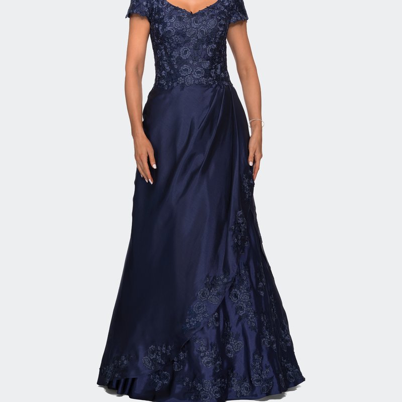 La Femme V-neck Jersey Floor Length Gown With Short Sleeves In Blue