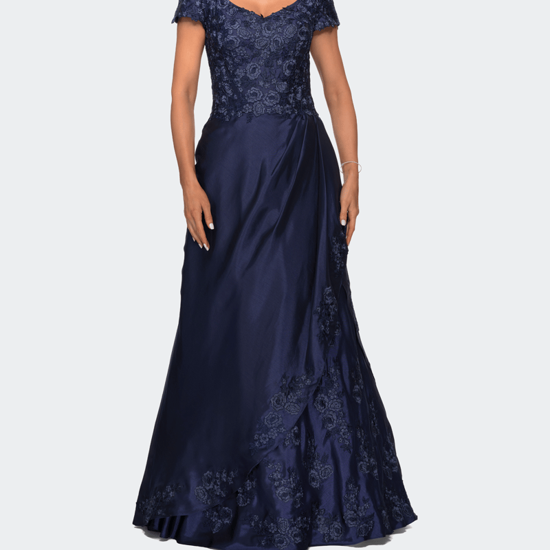 La Femme V-neck Jersey Floor Length Gown With Short Sleeves In Blue