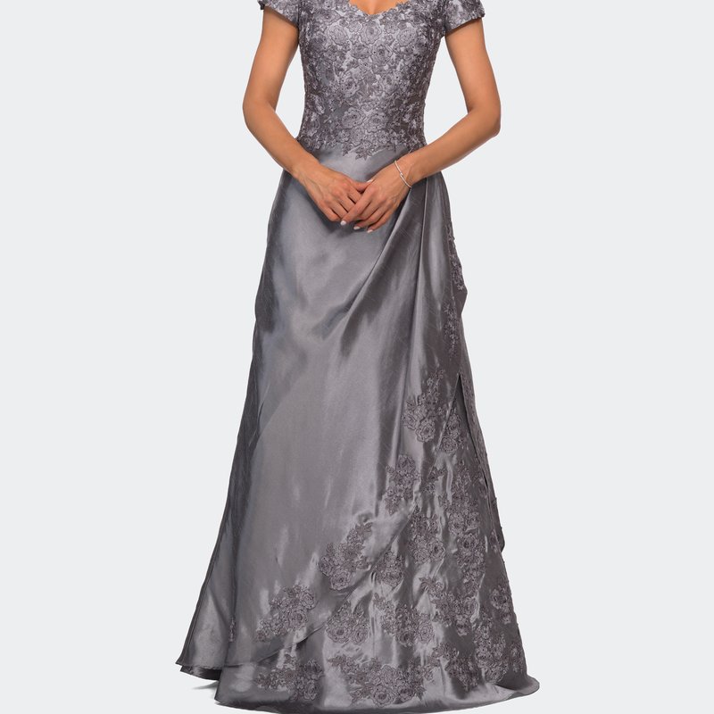 La Femme V-neck Jersey Floor Length Gown With Short Sleeves In Grey