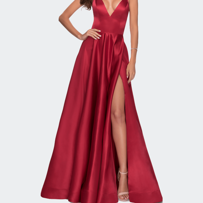 La Femme V-neck Satin Prom Dress With Lace Up Back In Deep Red