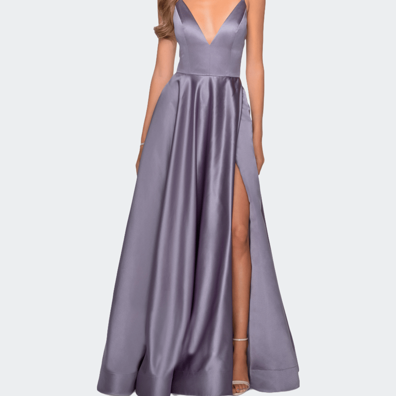 La Femme V-neck Satin Prom Dress With Lace Up Back In Lavender/gray