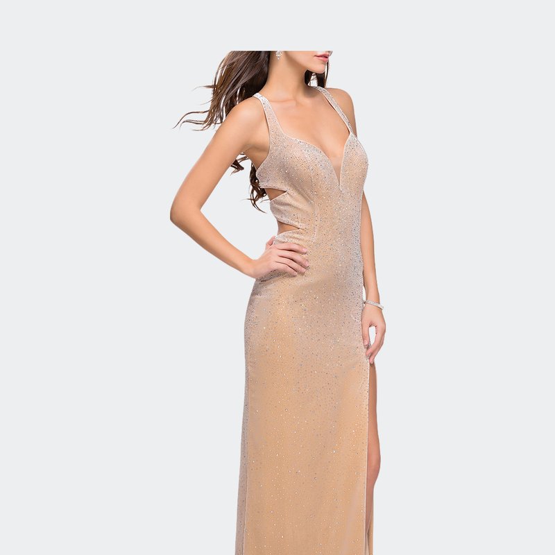 La Femme Velvet Prom Dress Covered In Rhinestones With Side Cut Outs In Gold