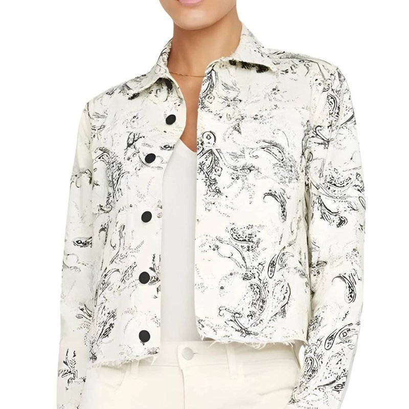 Shop L Agence Janice Paisley Cropped Denim Jacket In Ecru/black Paisley In White