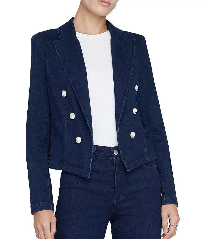 Shop L Agence Wayne Crop Denim Double Breasted Jacket Blazer In Blue