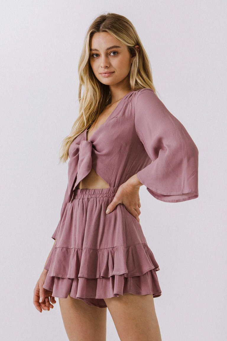 Front Bow Tie Romper with Ruffled Hem