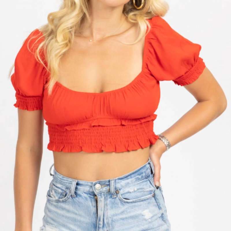Shop Le Lis Smocked Short Sleeve Crop Top In Red