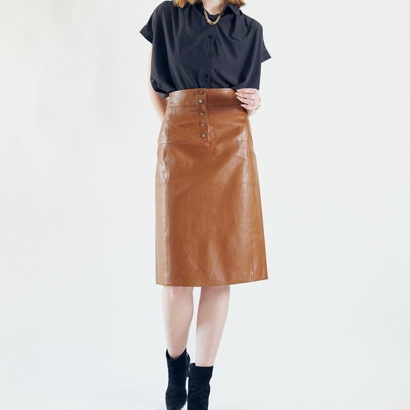Le Réussi Glossy Brown Vegan Leather Pencil Skirt