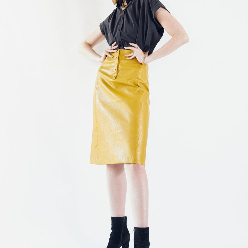 Le Réussi Glossy Vegan Leather Pencil Skirt In Yellow