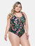 Padded Swimsuit With Crisscross Detailing In The Neckline In Cherry Tree Print - Black Cherry Tree