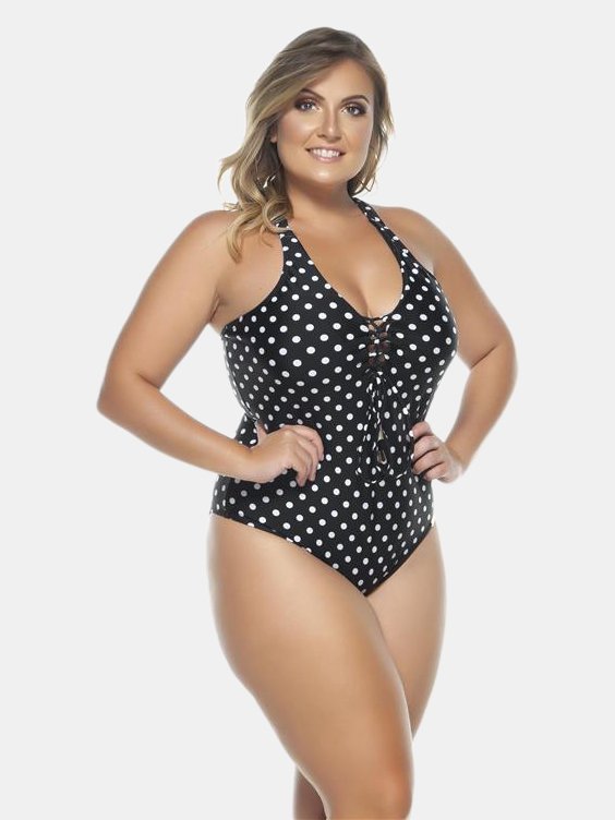 Lehona Padded Swimsuit With Crisscross Detailing In The Neckline In Black & White Dot