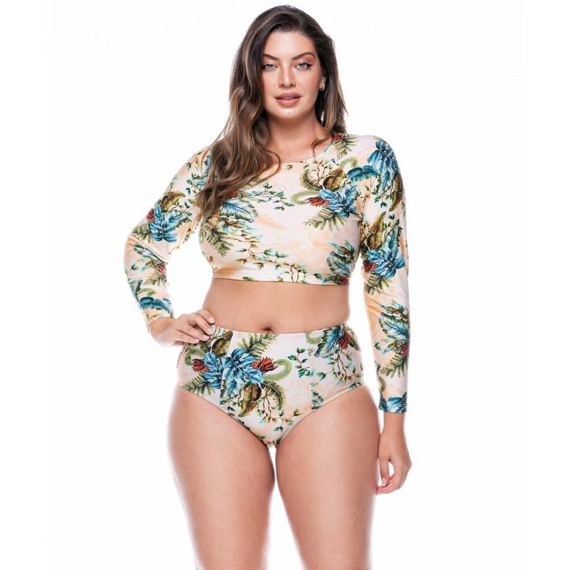 Lehona Plus Size High Waisted Bikini Bottom In Douro Print In White