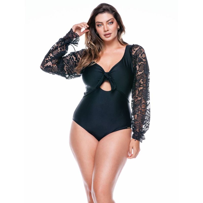 Lehona Swimsuit No Padded With Puffed Sleeves In Black/laced Black