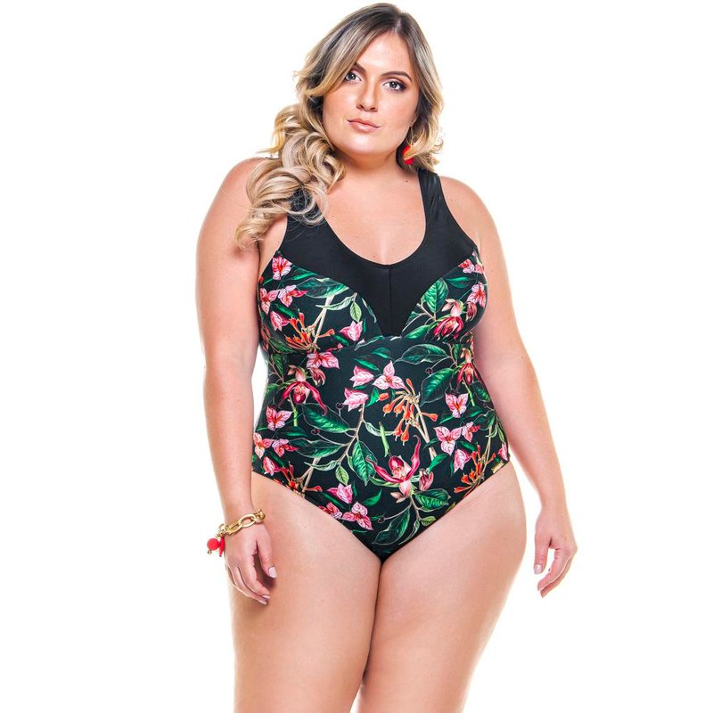 Lehona Swimsuit With Detail In Necklace In 2 Colors In Cherry Tree Print In Black
