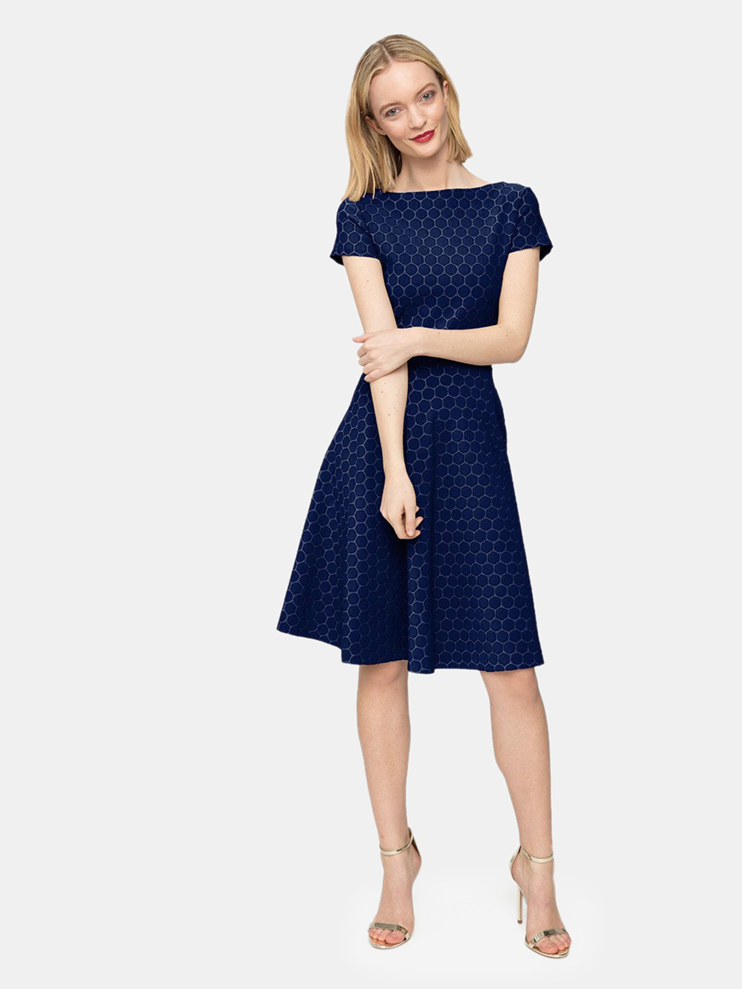 Leota Cap Sleeve A-line Dress In Classic Navy Luxe Jacquard Blue