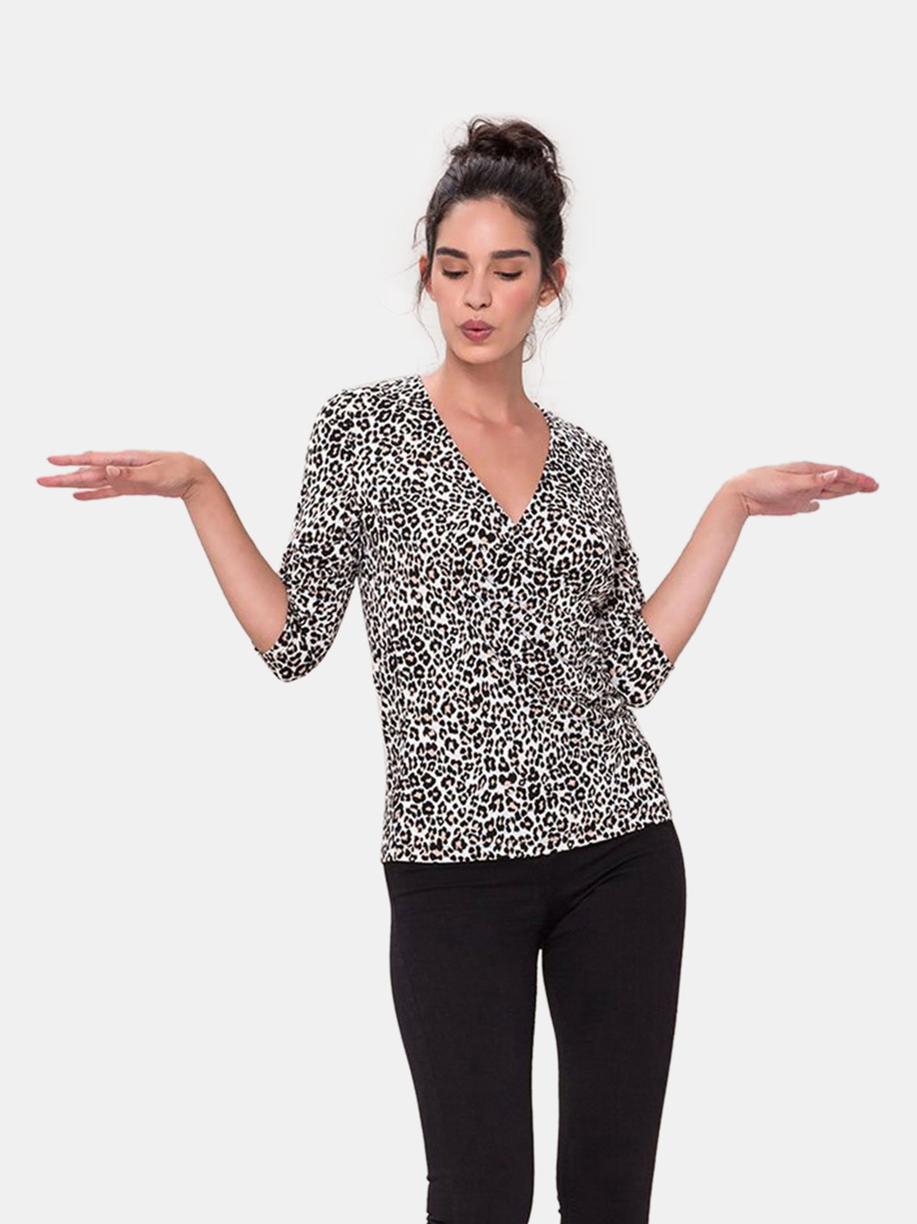 Leota Rouched Wrap Top  In Cheetah Ginger Root Brown In White