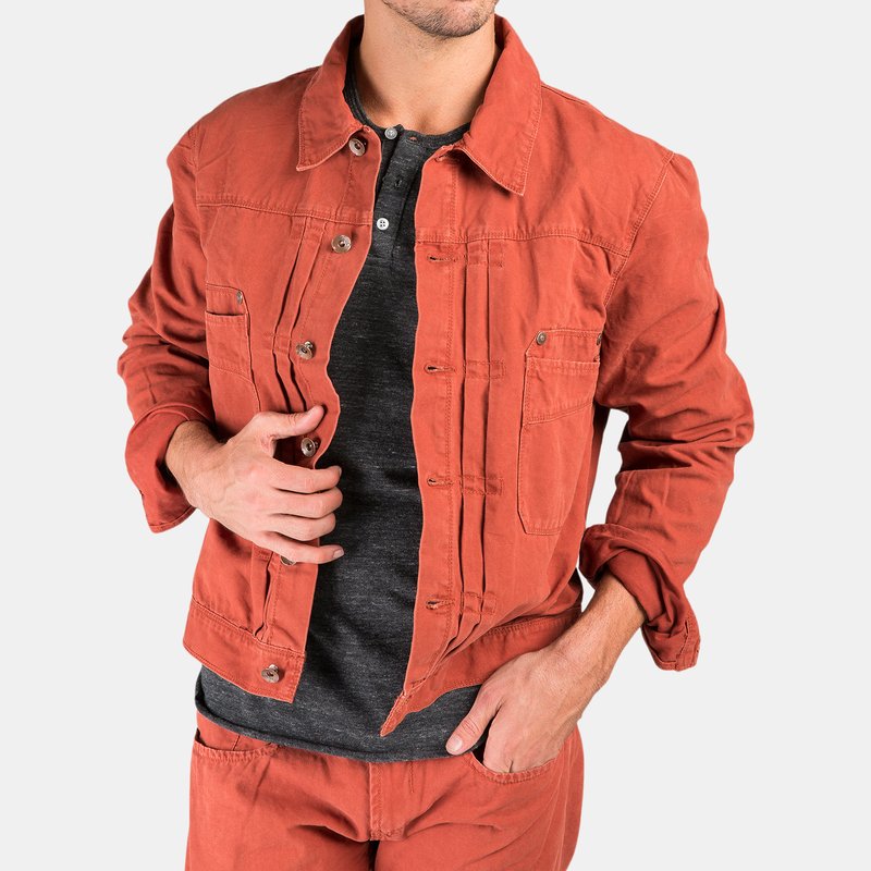 Level 7 Bbq Red Heavy Wash Canvas Trucker Jacket 100% Cotton Rugged And Stylish In Rust Red