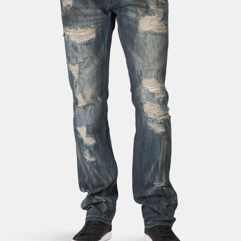 Level 7 Premium Jeans Slim Straight Black Tint Destroyed & Mended In Dark Blue