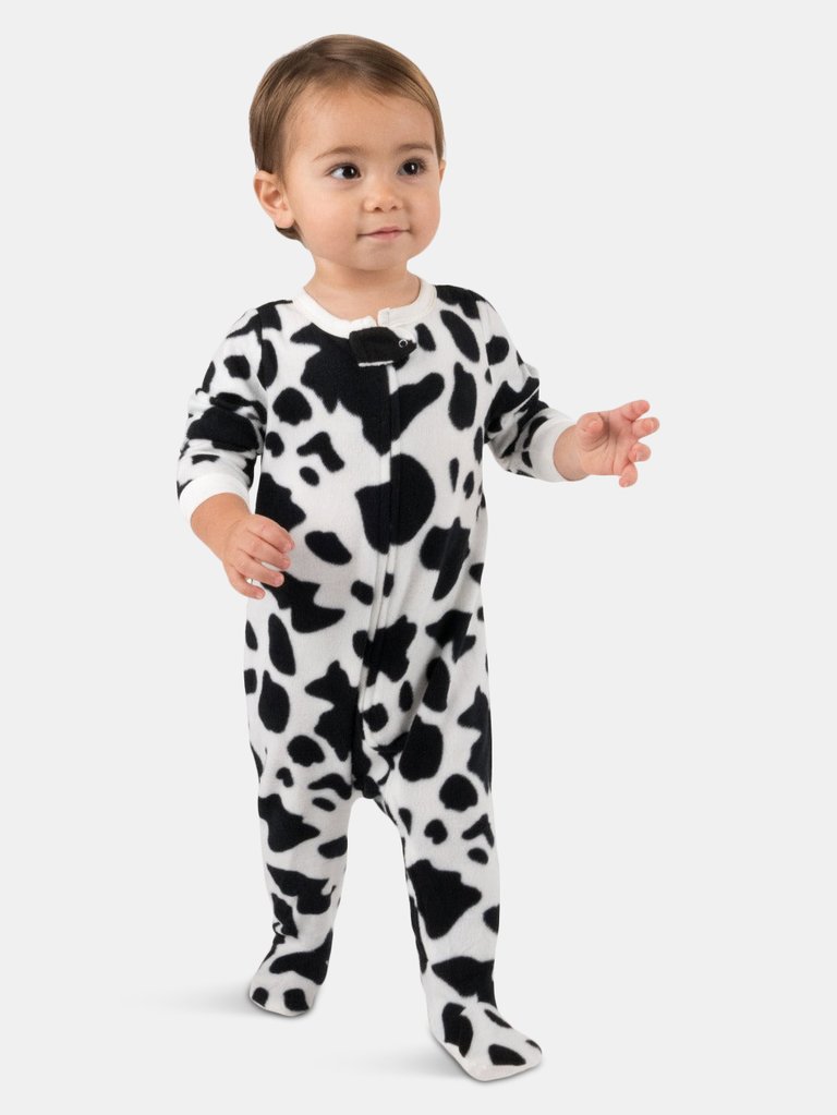 Baby Footed Fleece Pajamas - cow-black-white