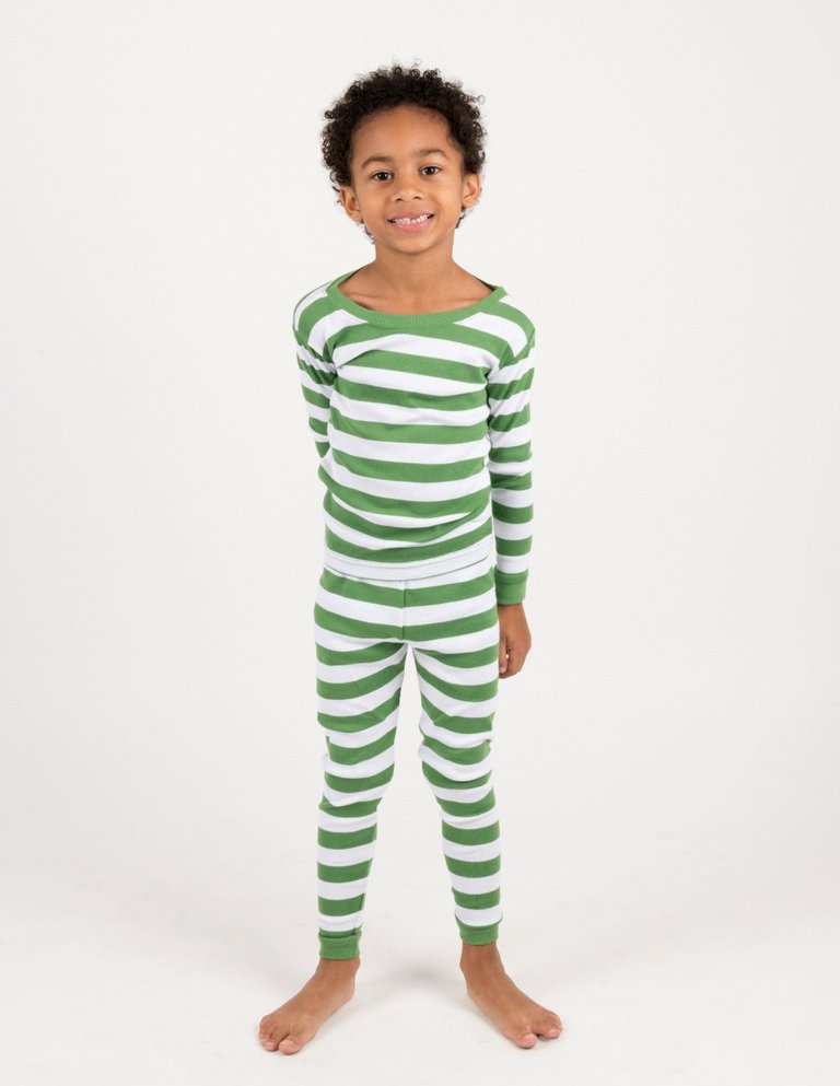 Green & White Striped Cotton Pajamas - Green-White