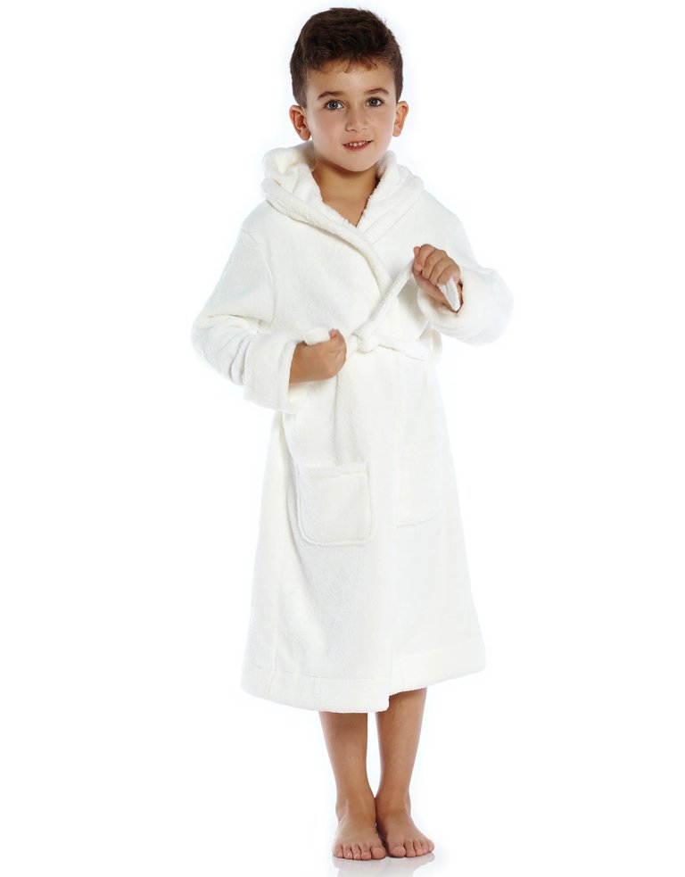 Kids Fleece Hooded Neutral Color Bathrobe - Off White