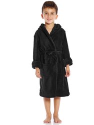 Kids Fleece Hooded Neutral Color Bathrobe - Black
