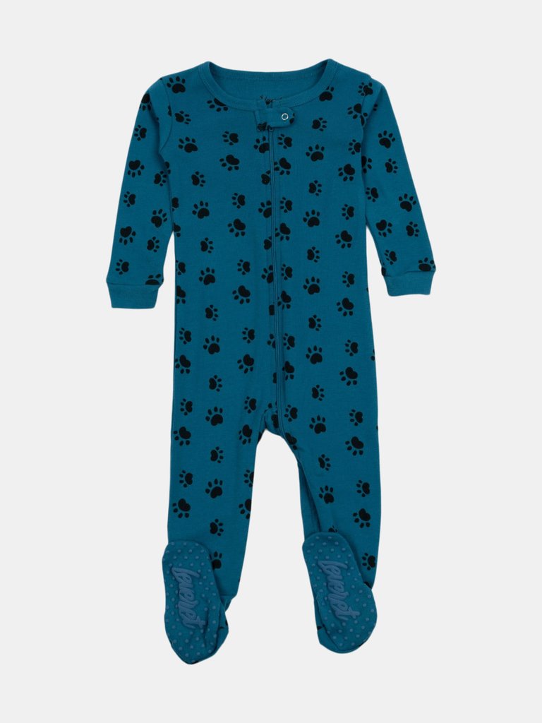 Kids Footed Blue Paw Print Pajamas - Dog Paw Blue