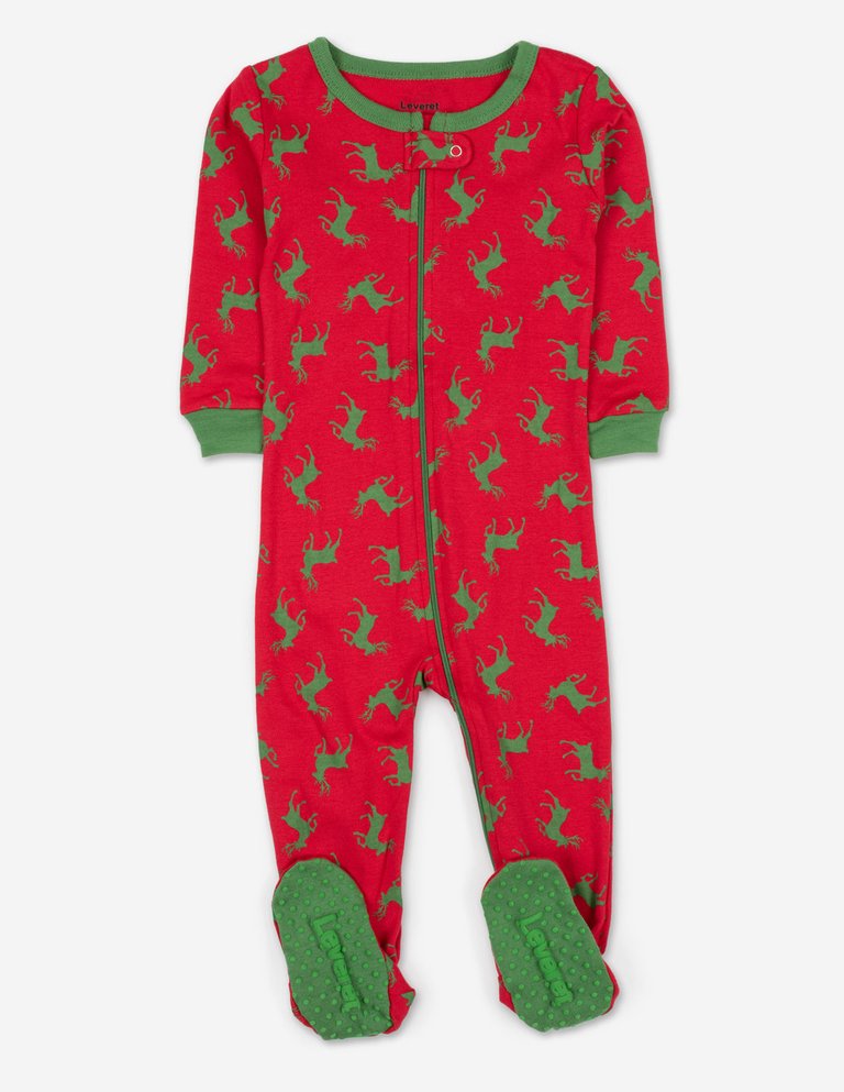 Kids Footed Cotton Red & Green Reindeer Pajamas - Reindeer-red-green