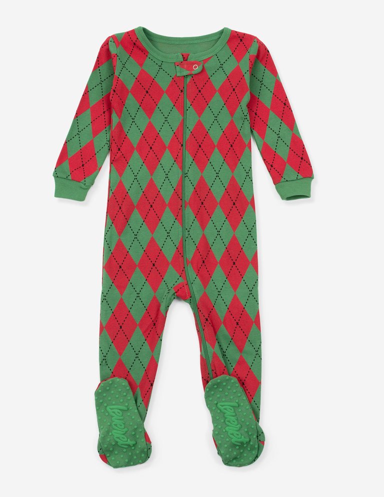 Kids Footed Red & Green Argyle Pajamas - Red-green