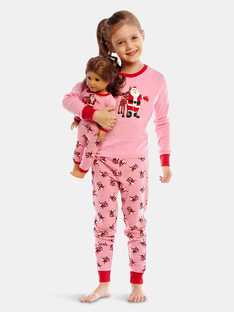 Matching Girl & Doll Christmas Pajamas - Pink-Santa