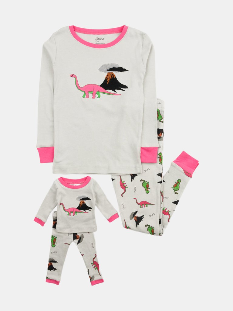 Matching Girl & Doll Dinosaur Pajamas - Dinosaur-volcano-light-grey-pink