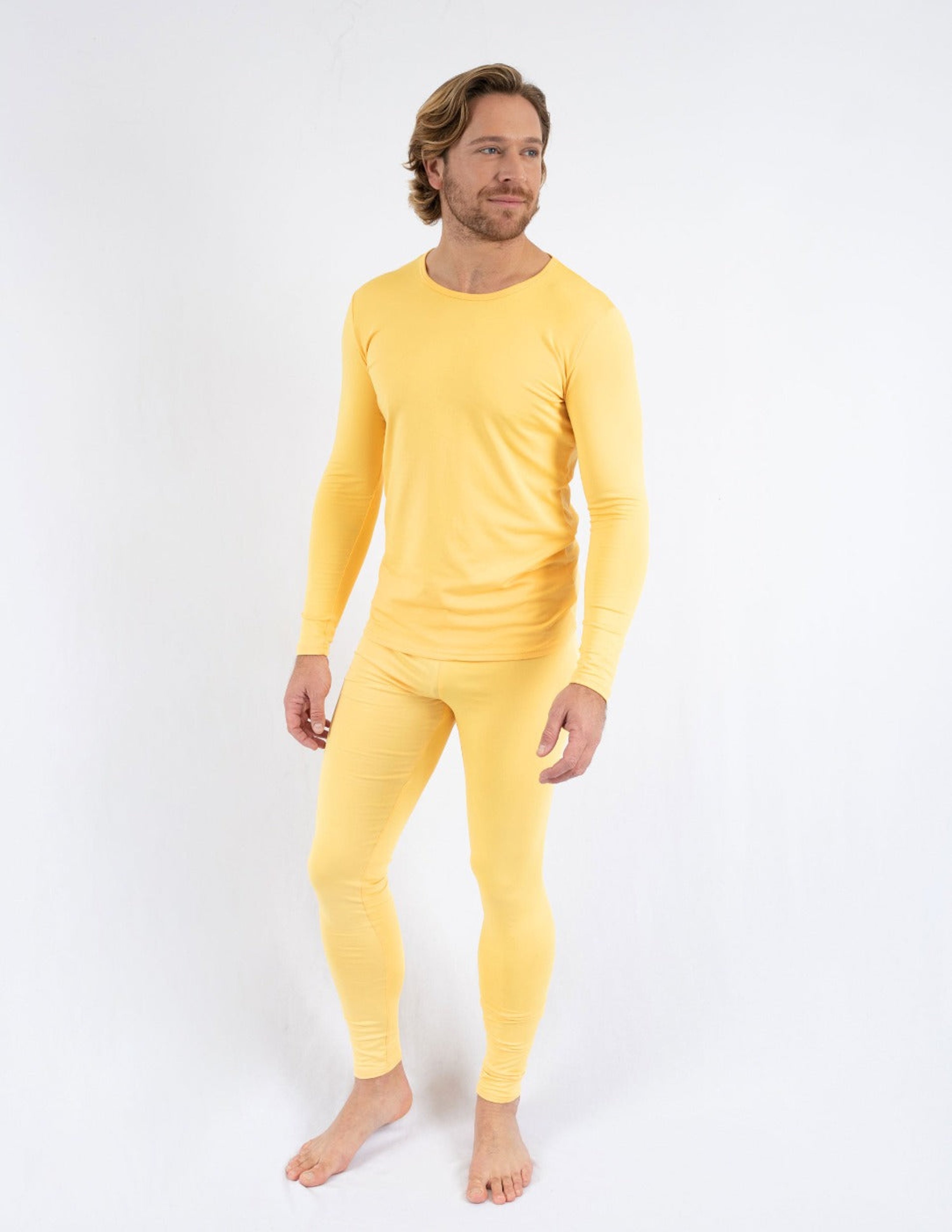 Leveret Mens Classic Solid Color Thermal Pajamas In Yellow