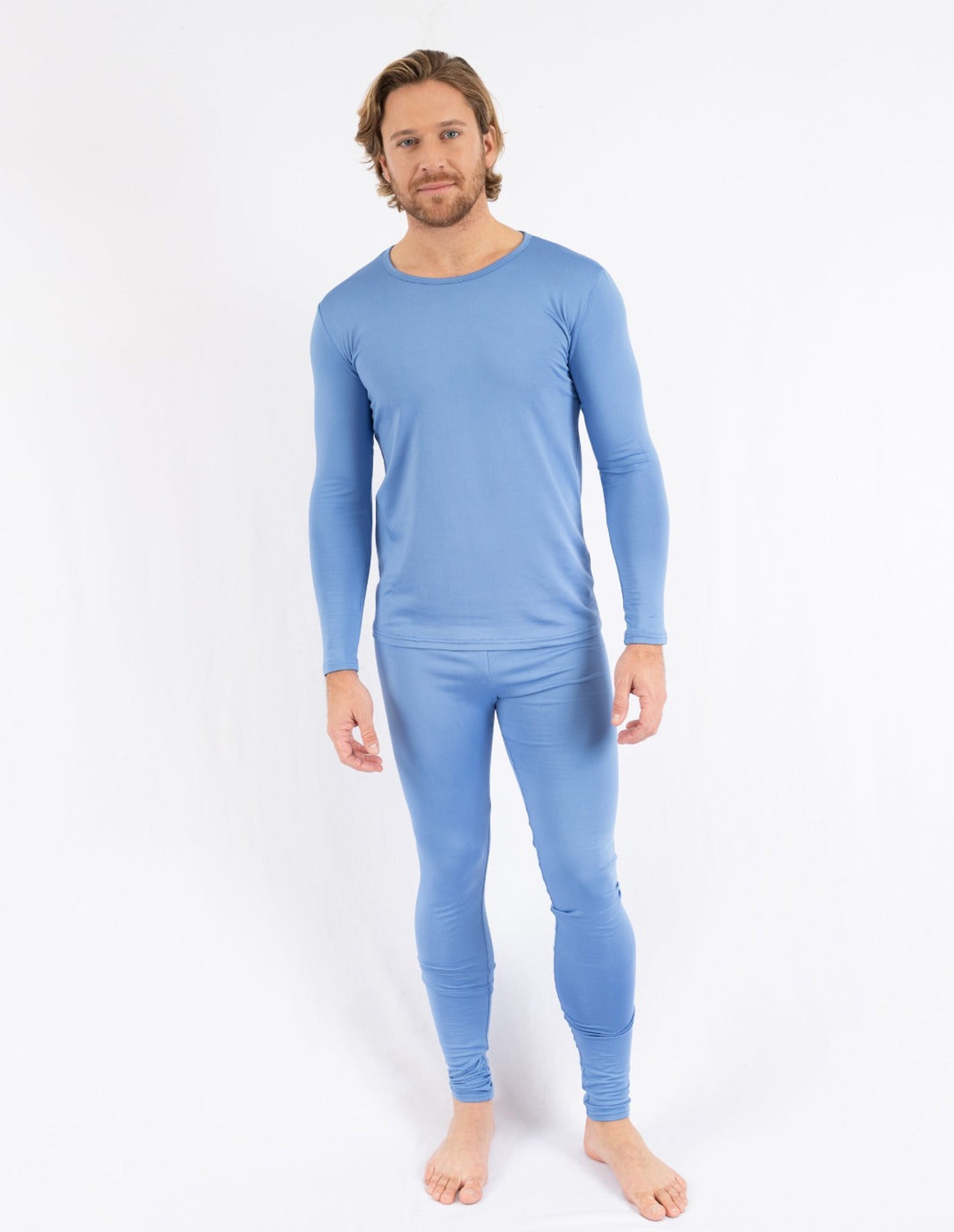 Leveret Mens Classic Solid Color Thermal Pajamas In Blue