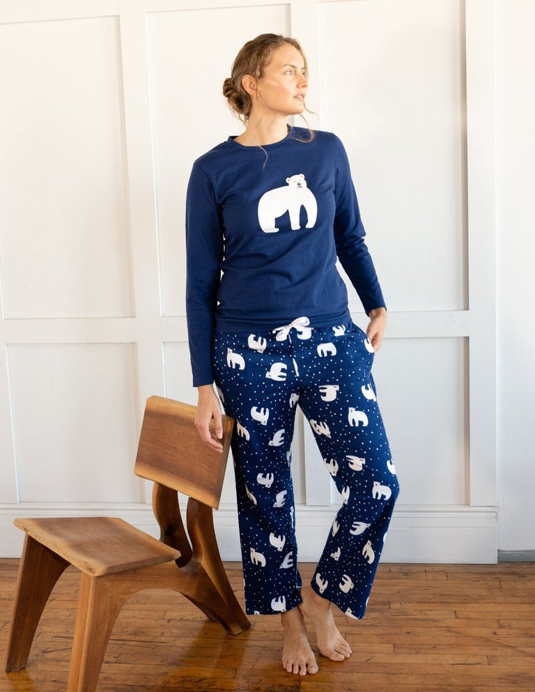 Womens Animal Print Flannel Set - Polar-Bear-Navy