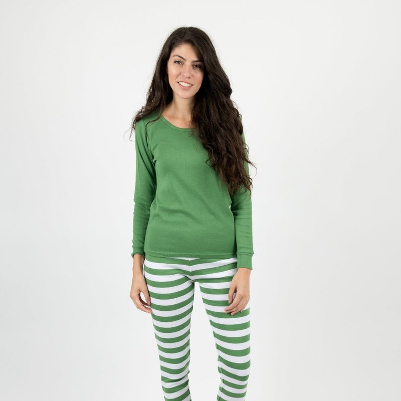 Shop Leveret Women's Green & White Stripes Cotton Pajamas