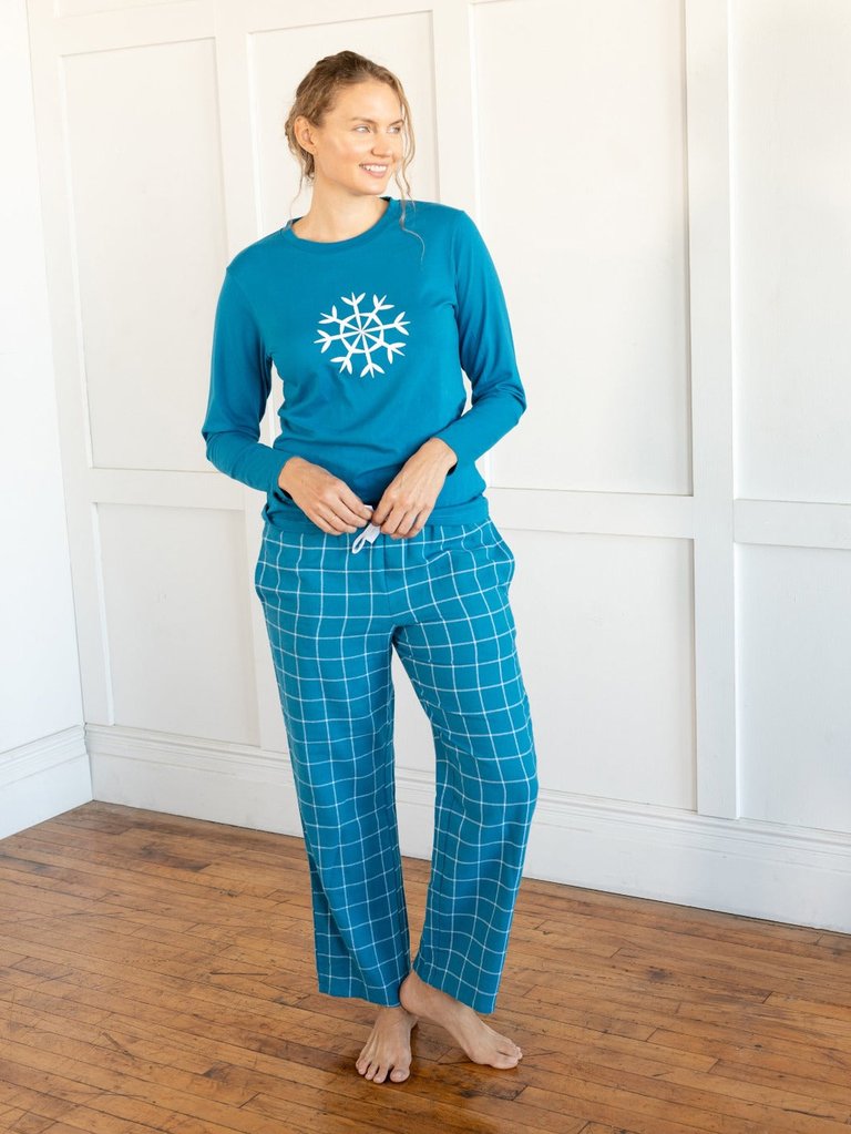 Womens Print Flannel Pajama Sets - Snowflake-royal-blue