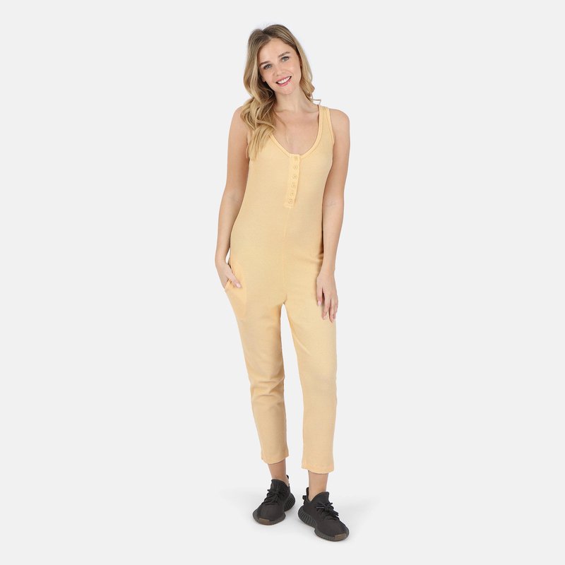 Lezat Costa Organic Cotton Waffle Thermal Pocketed Jumpsuit In Yellow