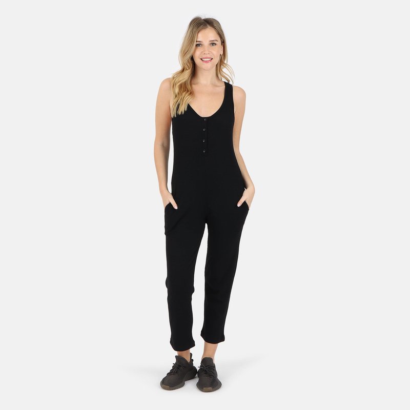 Shop Lezat Costa Organic Cotton Waffle Thermal Pocketed Jumpsuit In Black