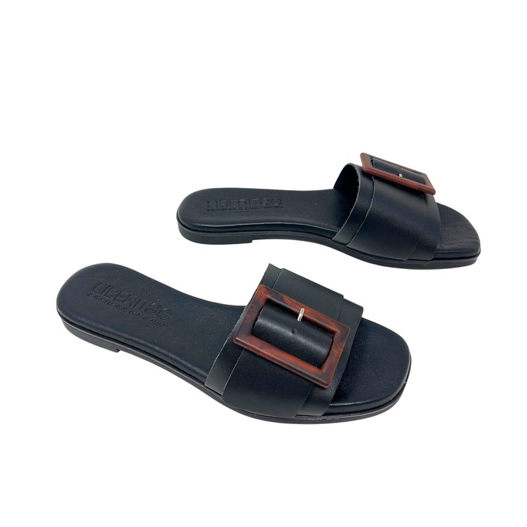 Gena Leather Flat Sandal - Black